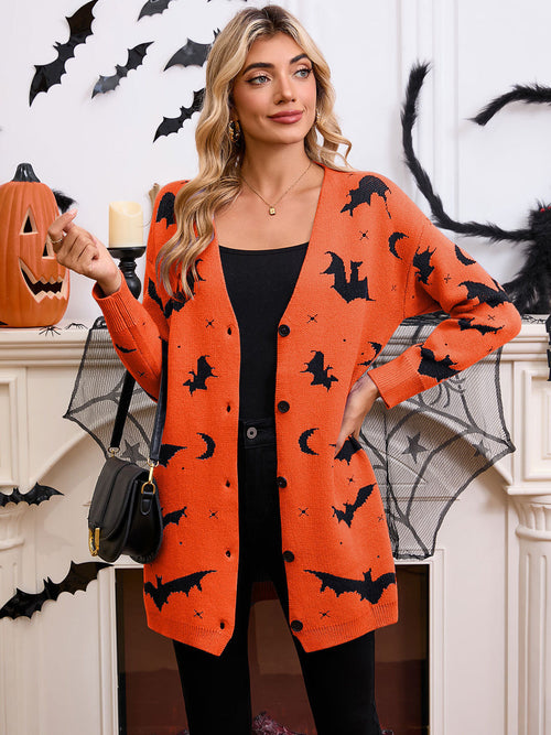 Women's Halloween Bat Moon Print V Neck Long Sleeve Button Front Knit Cardigan