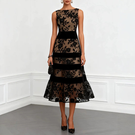 Nude Mesh Black Floral Lace Velvet Strip Sleeveless Midi Dress