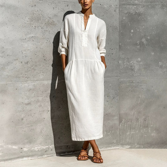 Linen Stand Collar Split V 3/4 Sleeve Drop Pocket Midi Dress