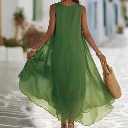 Vibrant Green Crochet Lace Halter Sheer Chiffon Flow Maxi Kaftan Dress