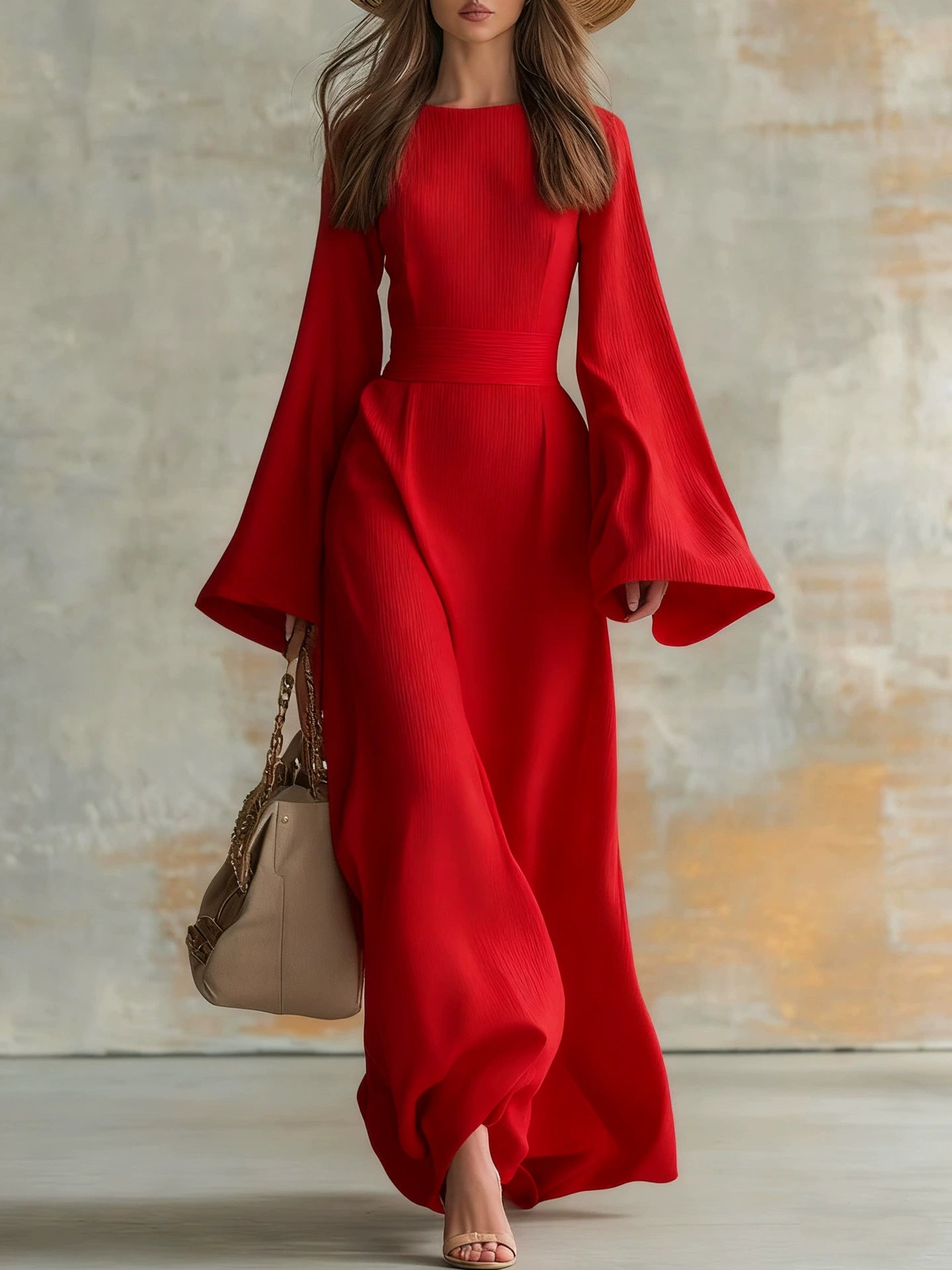 Ribbed Boat Neck Flare Sleeve Fitted Wrap Maxi Dress