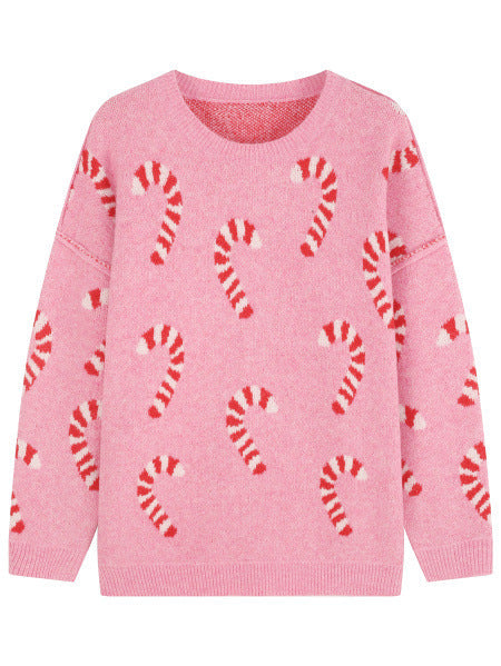Women's Plus Size Crew Neck Candy Cane Print Long Sleeve Christmas Knit Sweater