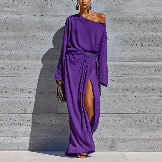 Vibrant Purple Off Shoulder Batwing Wrap Slit Maxi Dress