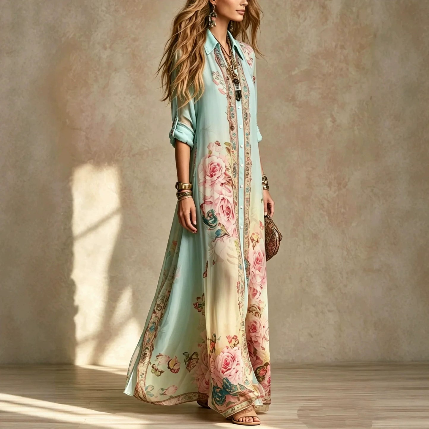 Baroque Style Floral Blue Chiffon Maxi Dress