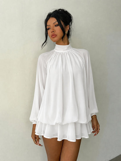 Mock Neck Long Sleeve Skort Dress Women Solid Ruffle Layer Hem Loose Casual Mini Dress