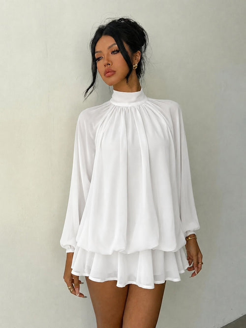 Mock Neck Long Sleeve Skort Dress Women Solid Ruffle Layer Hem Loose Casual Mini Dress