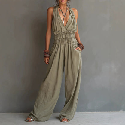 Halter Deep V Smocked Elastic Waist Wide Leg Palazzo Jumpsuit