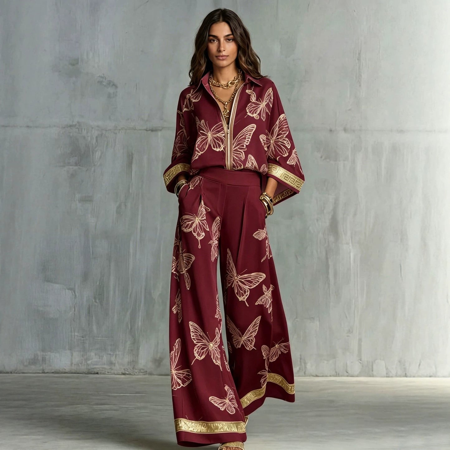 Butterfly Print Zip‑Front Blouse & Wide‑Leg Pant Two‑Piece Set