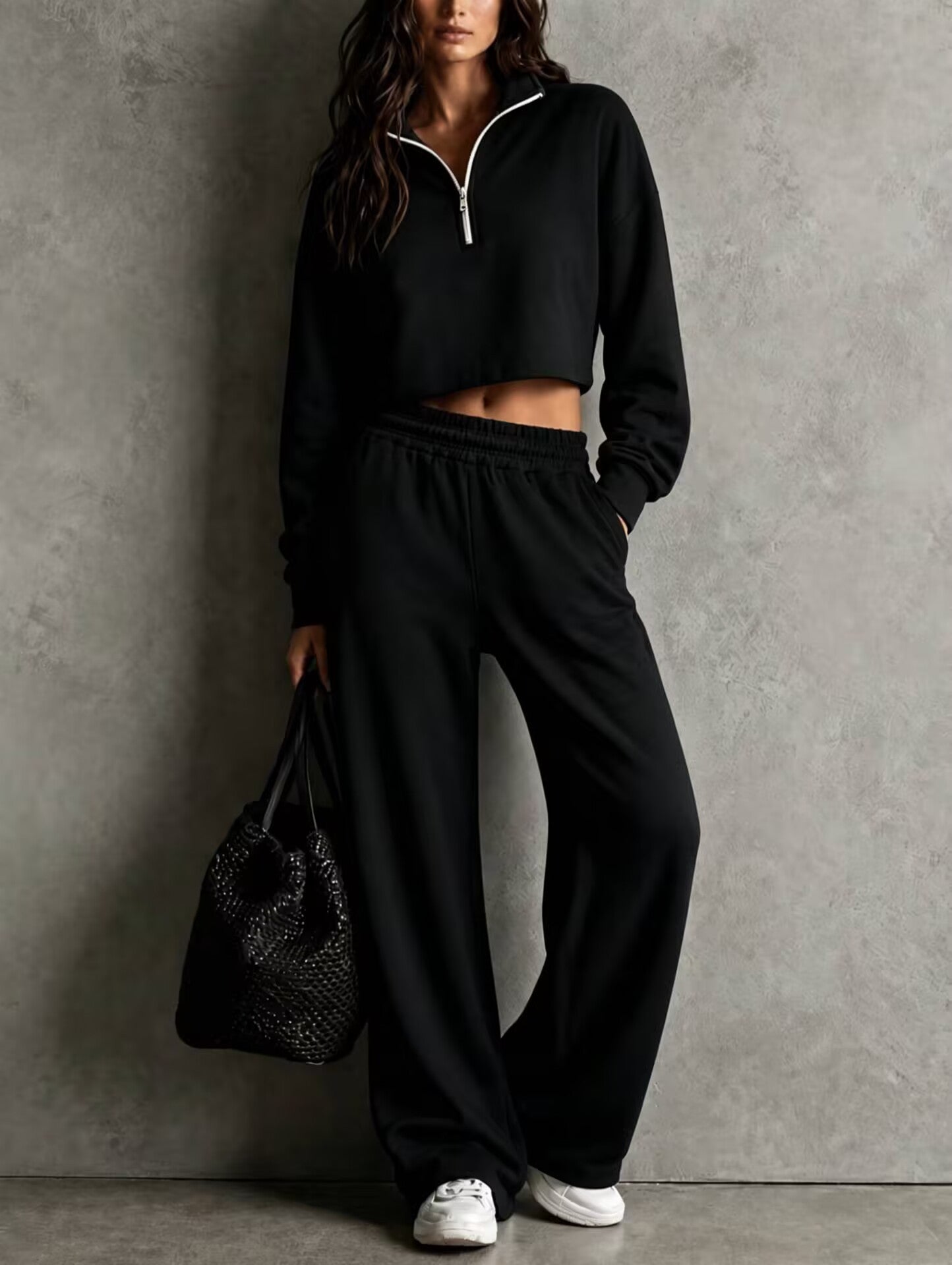 Half‑Zip Cropped Sweatshirt & Wide‑Leg Sweatpants Two‑Piece Set