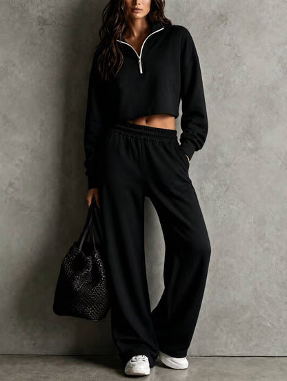 Half‑Zip Cropped Sweatshirt & Wide‑Leg Sweatpants Two‑Piece Set