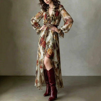 Vintage Rose Print Chiffon Maxi Dress Women Ruffle V‑Neck Long Sleeve Irregular Hem Dress