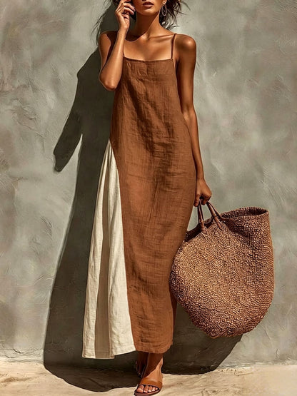 Block Spaghetti Strap Linen Asymmetrical Maxi Dress