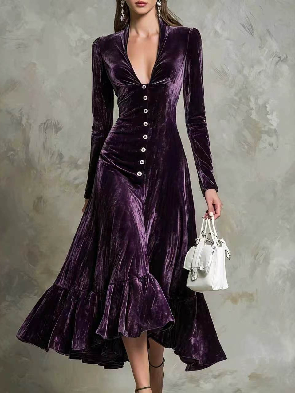 Button-Front Velvet Midi Dress