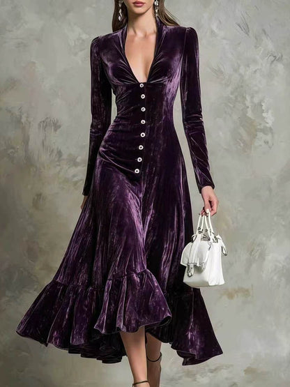 Button-Front Velvet Midi Dress