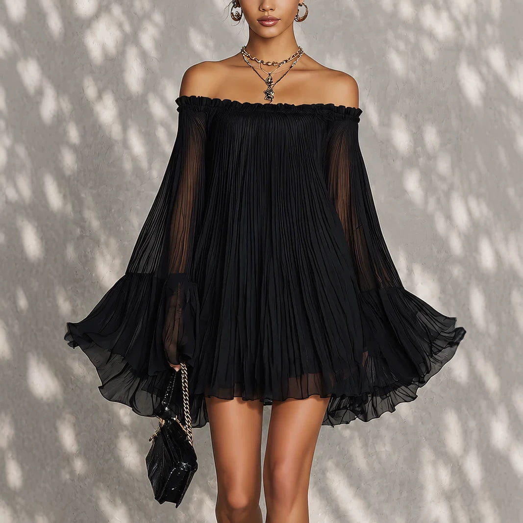Off‑Shoulder Pleated Chiffon Bell‑Sleeve Mini Dress