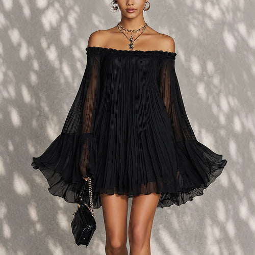 Off‑Shoulder Pleated Chiffon Bell‑Sleeve Mini Dress