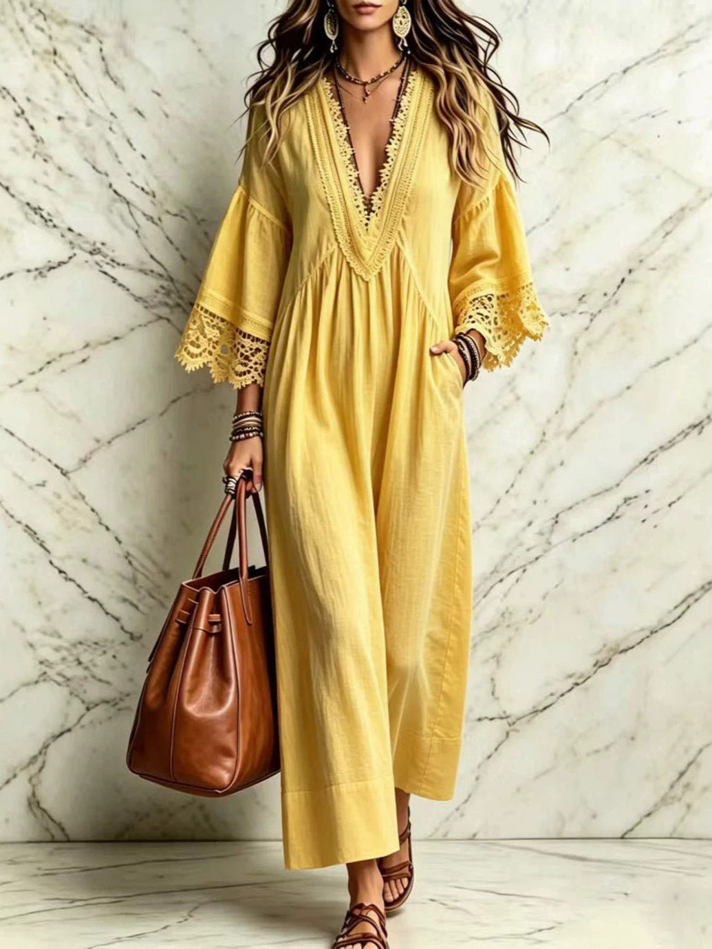 Boho Lace V‑Neck Maxi Dress Women Loose 3/4 Sleeve Beach Vacation Long Gown