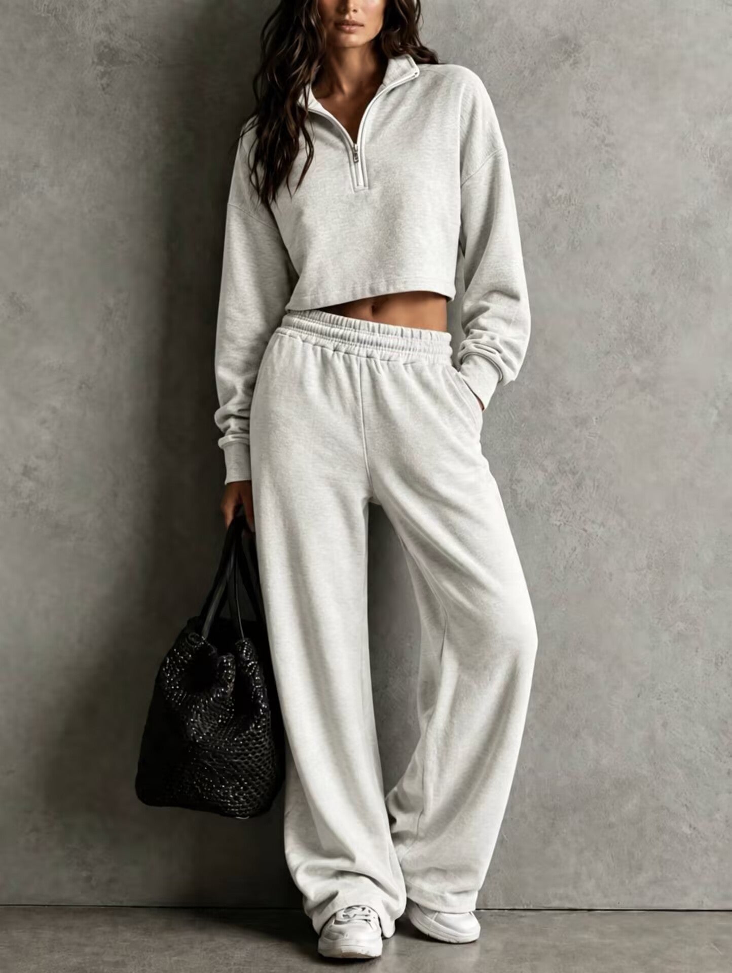 Half‑Zip Cropped Sweatshirt & Wide‑Leg Sweatpants Two‑Piece Set