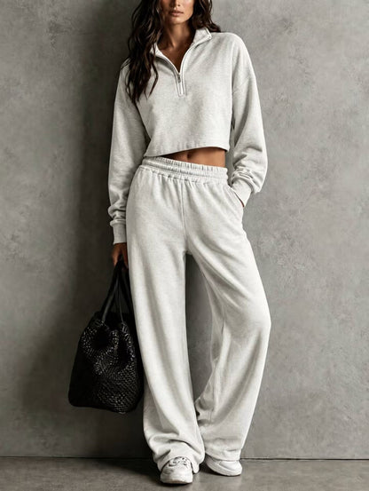 Half‑Zip Cropped Sweatshirt & Wide‑Leg Sweatpants Two‑Piece Set