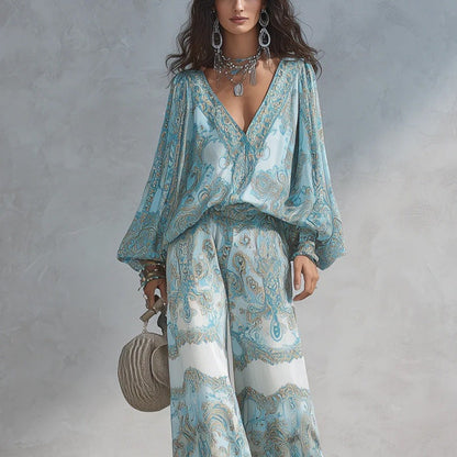 Paisley Print Blouse & Wide-Leg Pants Set