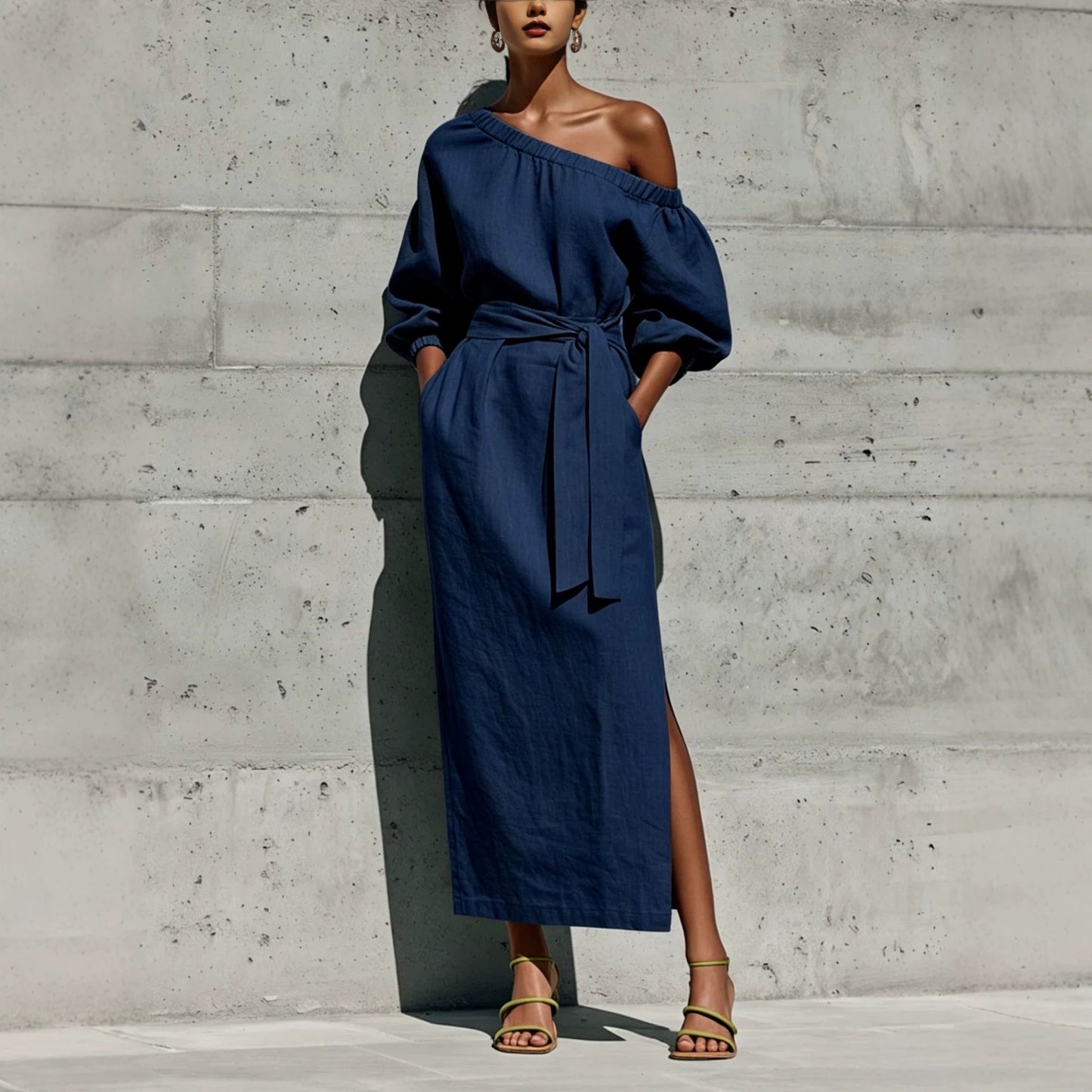 Linen One Shoulder Puff Sleeve Tie Waist Side Slit Midi Dress