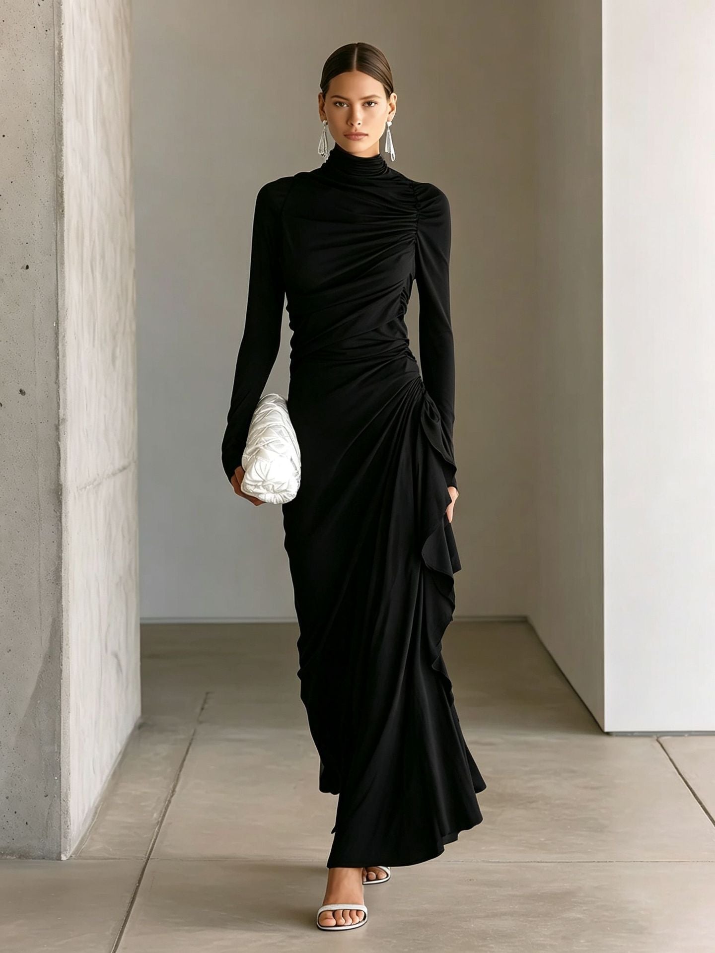 Turtleneck Ruched Side‑Ruffle Long‑Sleeve Maxi Dress - black / S