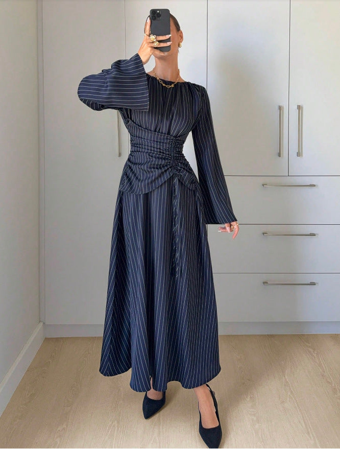 Pinstripe Ruched Waist Bell Sleeve Midi Dress
