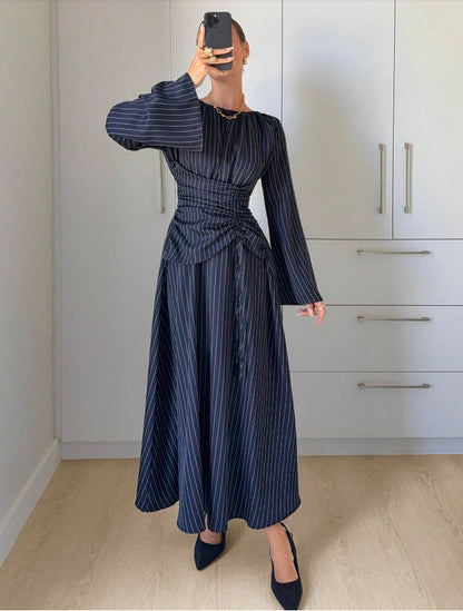 Pinstripe Ruched Waist Bell Sleeve Midi Dress