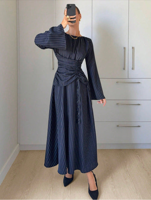 Pinstripe Ruched Waist Bell Sleeve Midi Dress