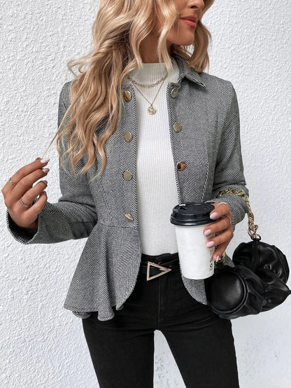 Herringbone Peplum Button‑Front Collared Jacket