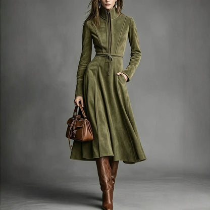 Women's Solid Brown Suede Zip‑Front Belted Long‑Sleeve Midi Dress