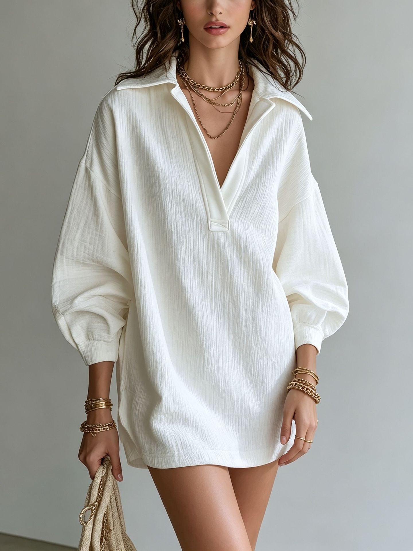 Crinkle Textured Collar V‑Neck Tunic Dress Women Loose Long Sleeve Casual Mini Dress