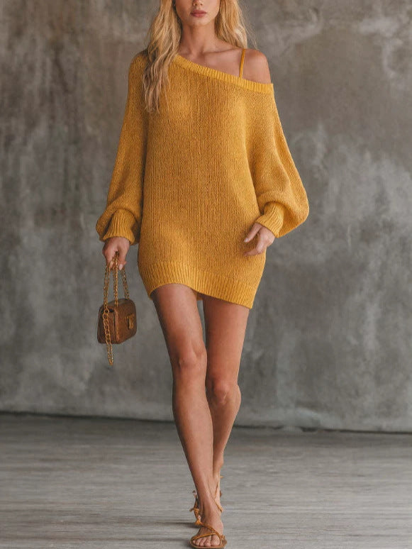 Off‑Shoulder Oversized Knit Dress Women Loose Lantern Sleeve Sweater Mini Dress