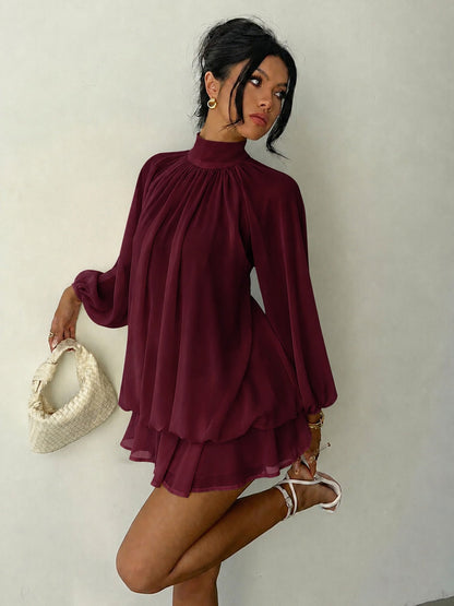 Mock Neck Long Sleeve Skort Dress Women Solid Ruffle Layer Hem Loose Casual Mini Dress