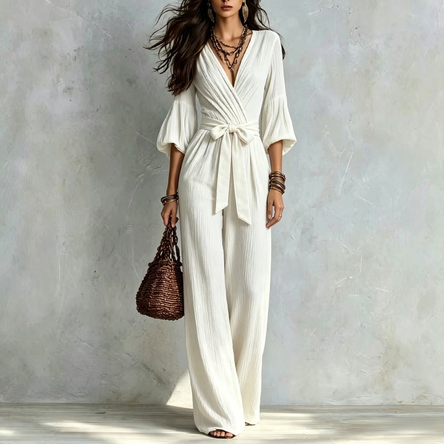 V‑Neck Wrap Belted Textured Wide‑Leg Jumpsuit With Balloon Sleeves