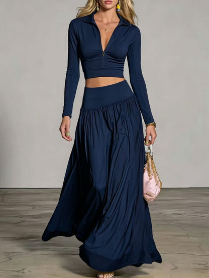 Half‑Zip Crop Top & High‑Waist Flowy Maxi Skirt Two‑Piece Set