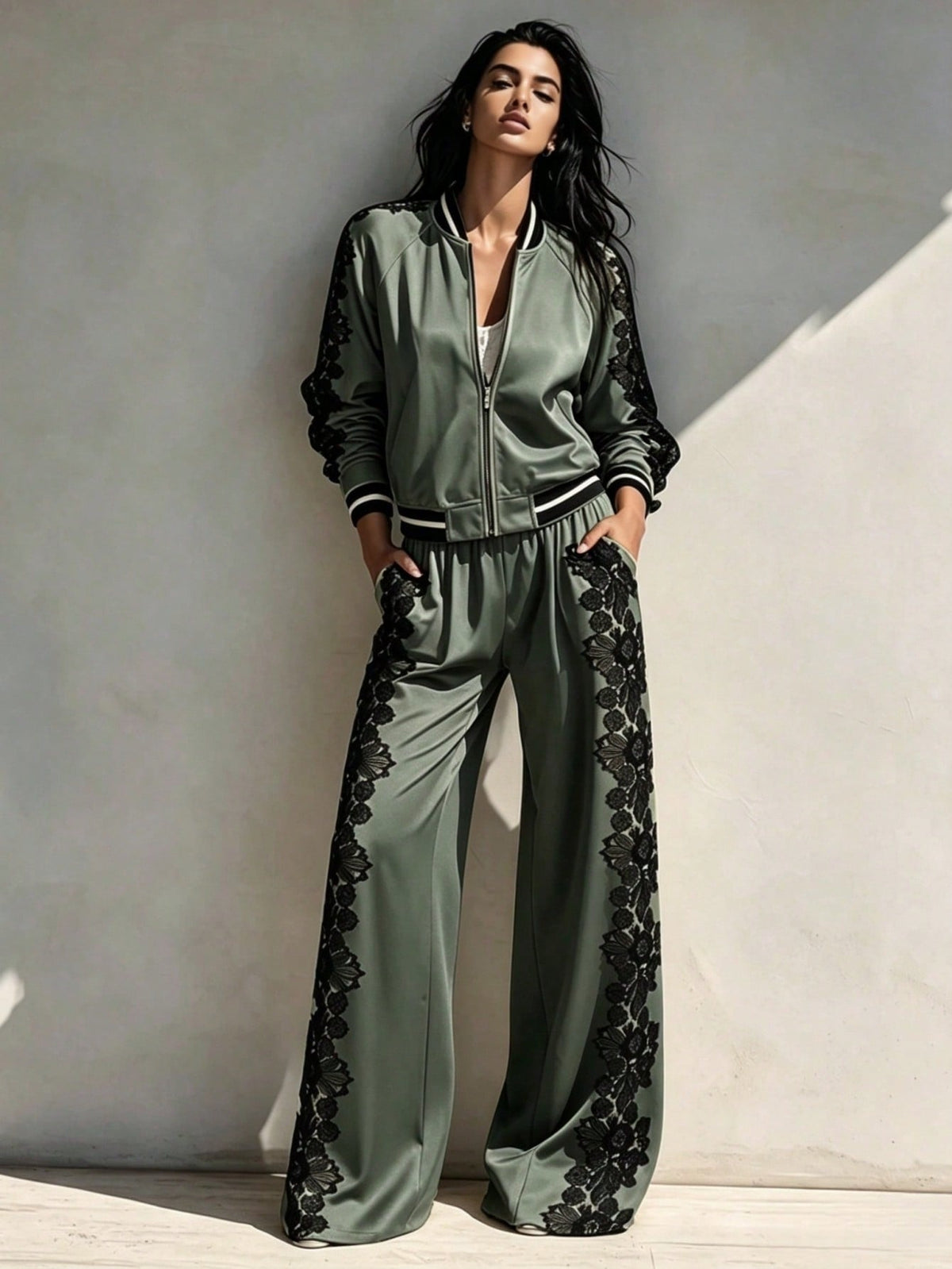 Bomber Jacket & Wide‑Leg Pants Two‑Piece Set with Black Lace Trim