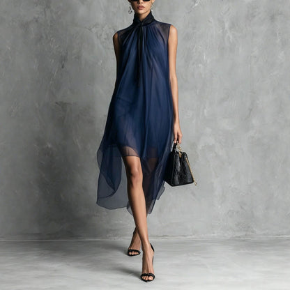 Sheer Mesh Sleeveless Tie Neck Asymmetrical Midi Dress
