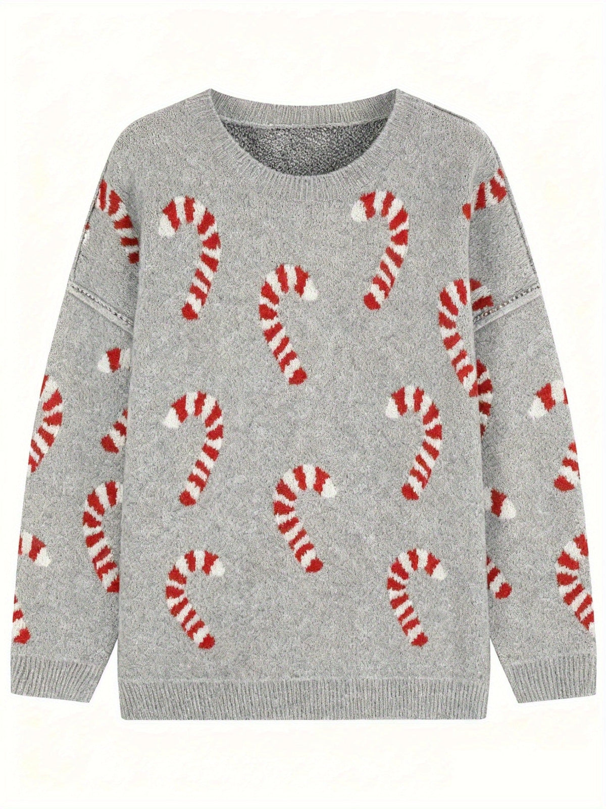 Women's Plus Size Crew Neck Candy Cane Print Long Sleeve Christmas Knit Sweater