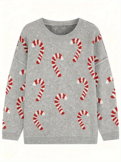 Women's Plus Size Crew Neck Candy Cane Print Long Sleeve Christmas Knit Sweater