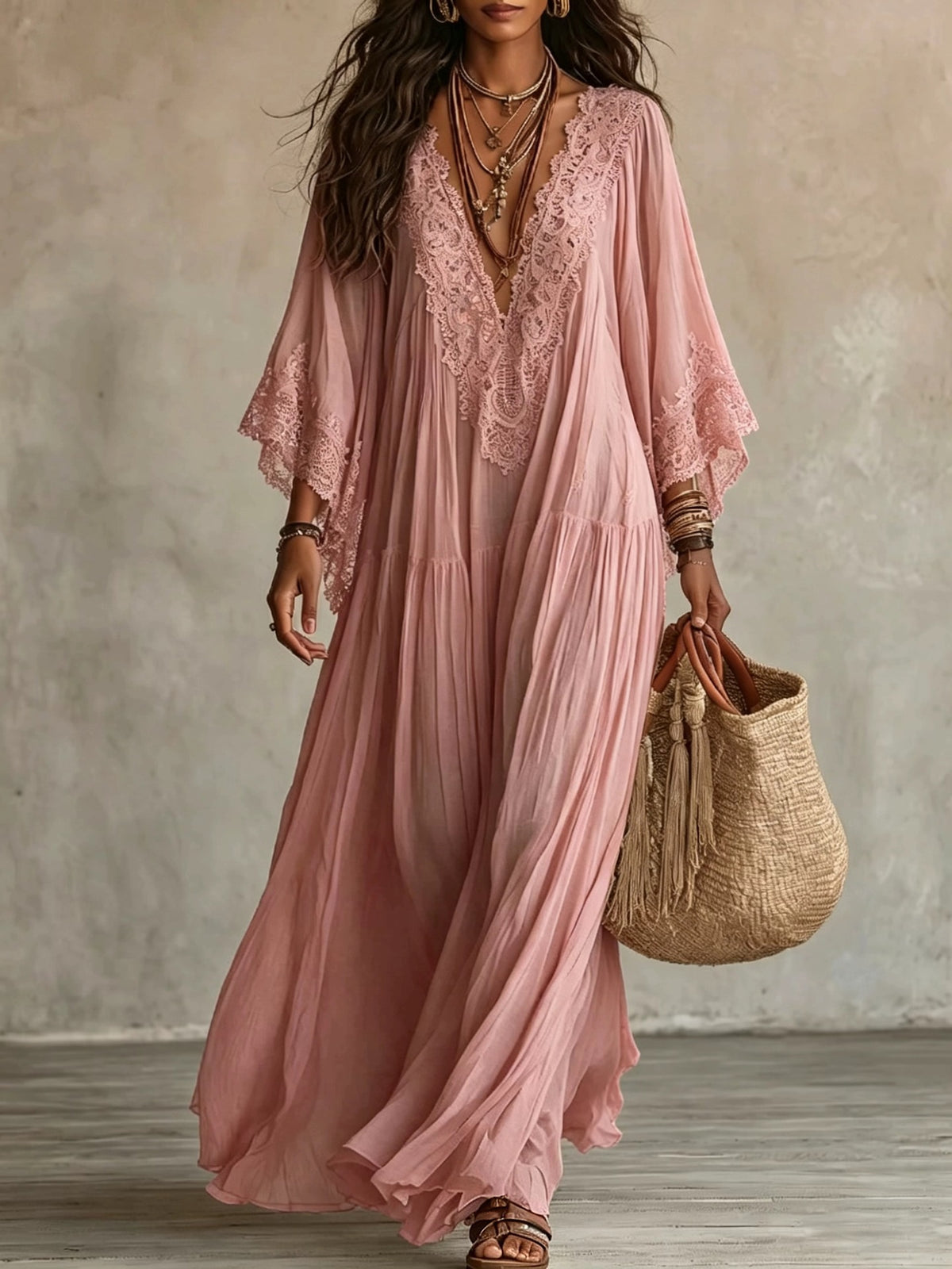 Women’s V-Neck Long Dress With Lace Detailing