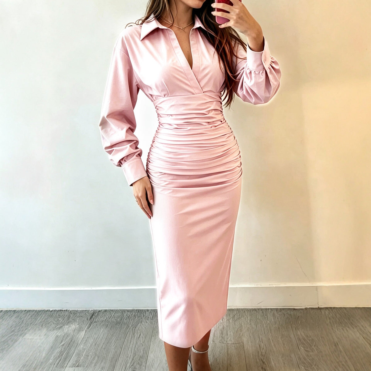 Collared Wrap V‑Neck Ruched Waist Balloon Sleeve Bodycon Midi Shirt Dress