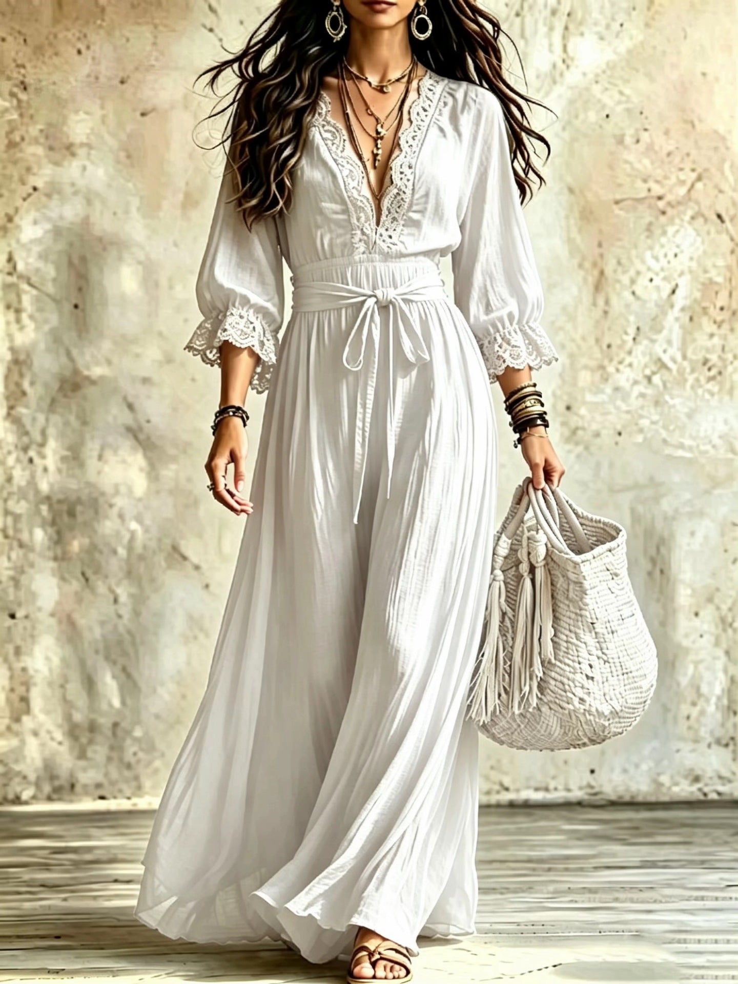 Women Boho V‑Neck Maxi Dress, 3/4 Flare Bell Sleeve Tie Waist A‑Line Flowy Long Dress Casual Vacation Beach Dress