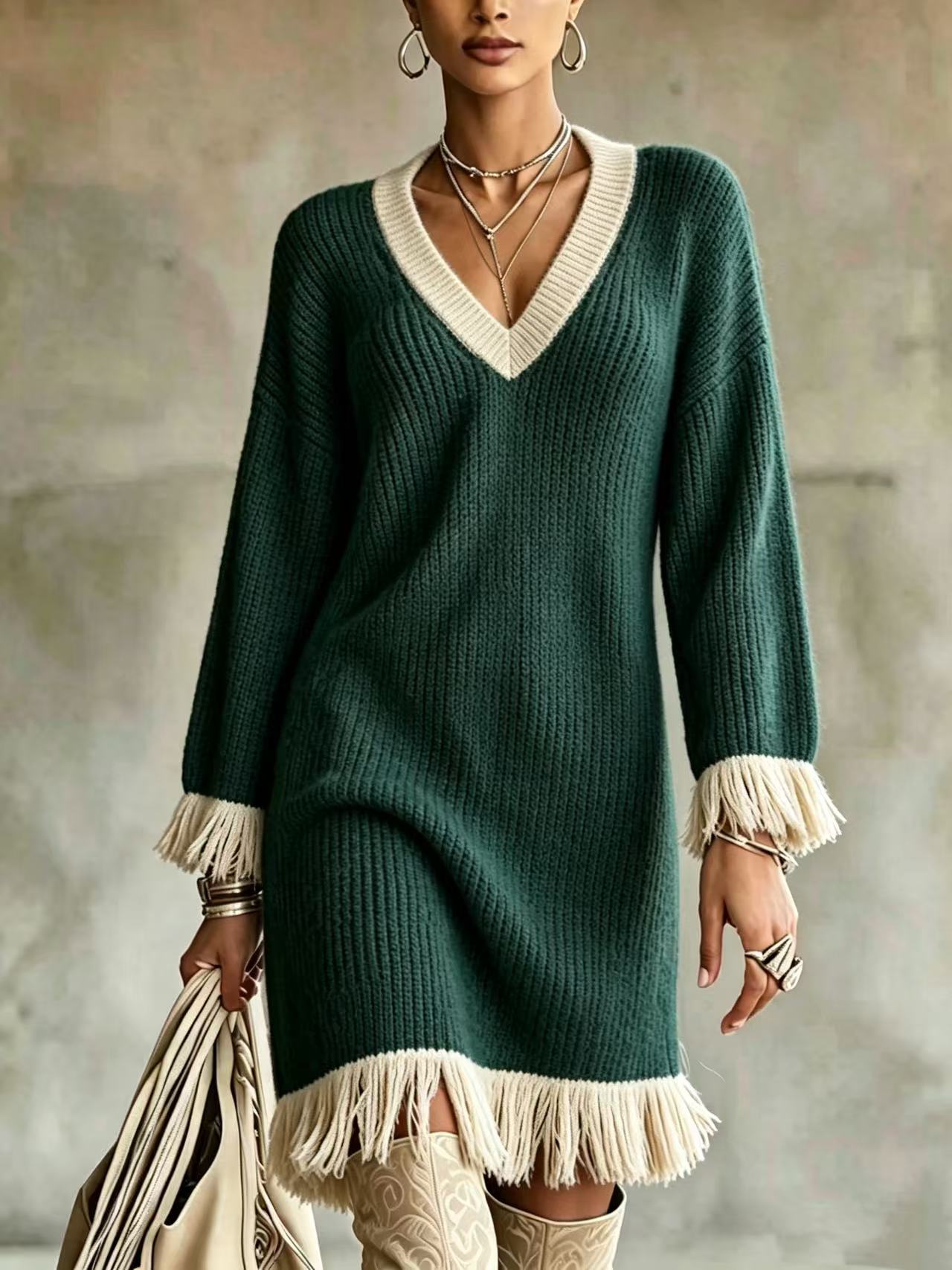 Women Color‑Block Knit Sweater Dress, V‑Neck Long Sleeve Fringe Trim Cuff & Hem Loose Fall Winter Mini Dress