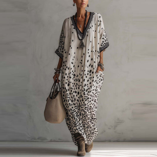 White Gradient Leopard Print Batwing Caftan Maxi Kaftan Dress