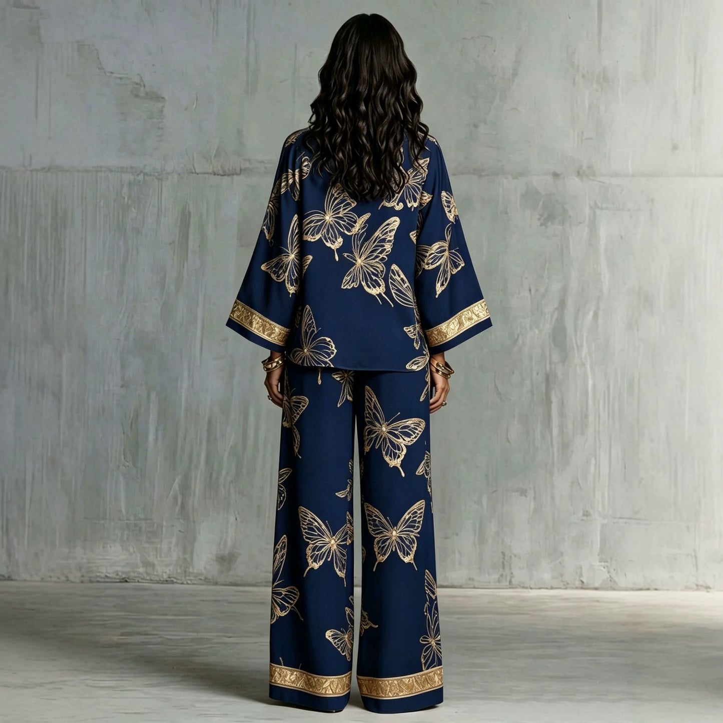 Butterfly Print Zip‑Front Blouse & Wide‑Leg Pant Two‑Piece Set