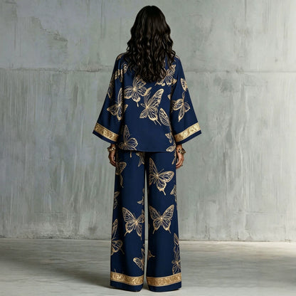 Butterfly Print Zip‑Front Blouse & Wide‑Leg Pant Two‑Piece Set