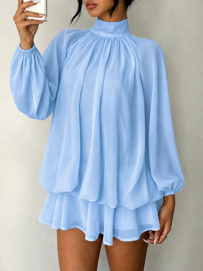 Mock Neck Long Sleeve Skort Dress Women Solid Ruffle Layer Hem Loose Casual Mini Dress