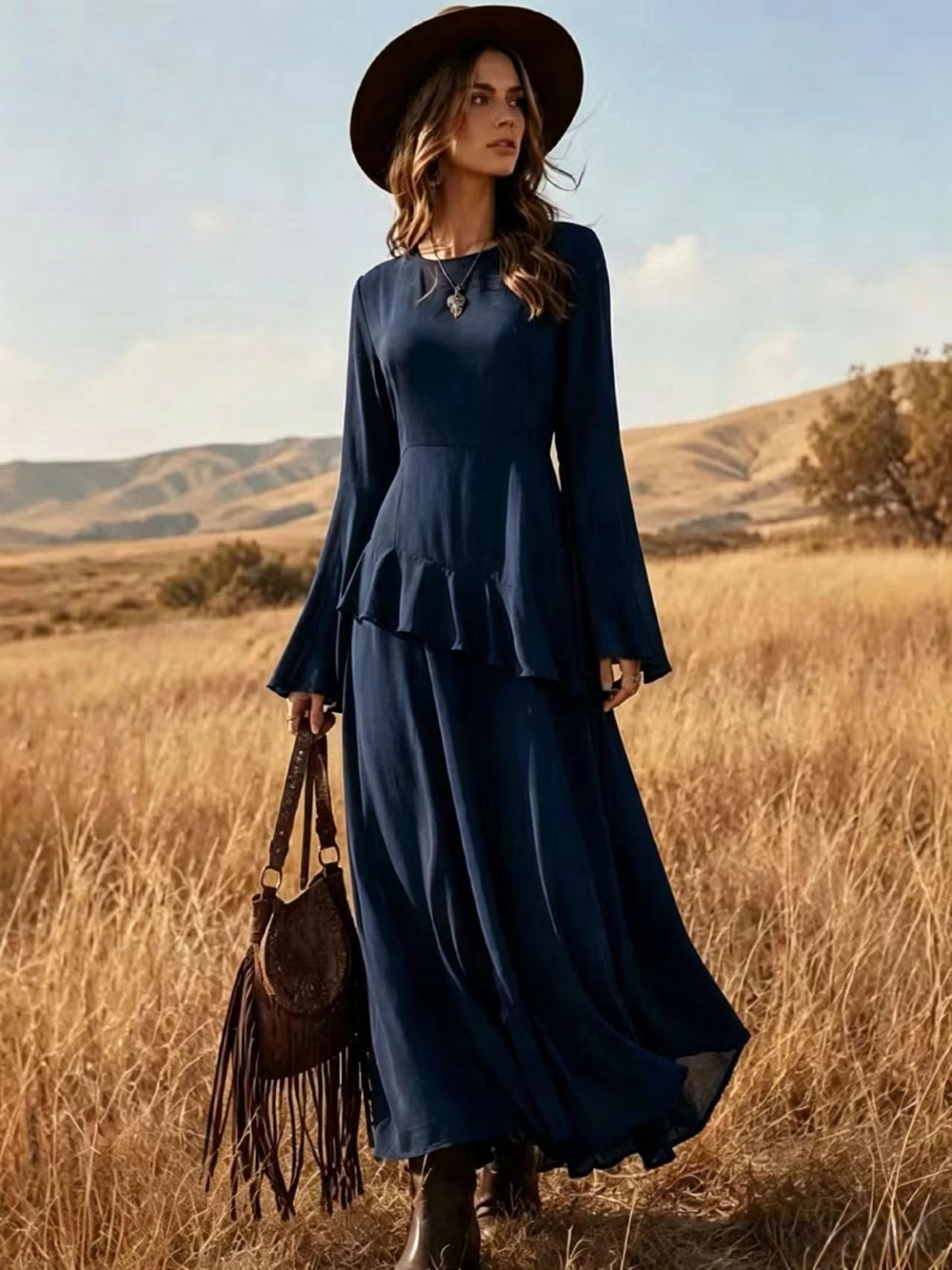 Asymmetrical Ruffle Long‑Sleeve Chiffon Maxi Dress