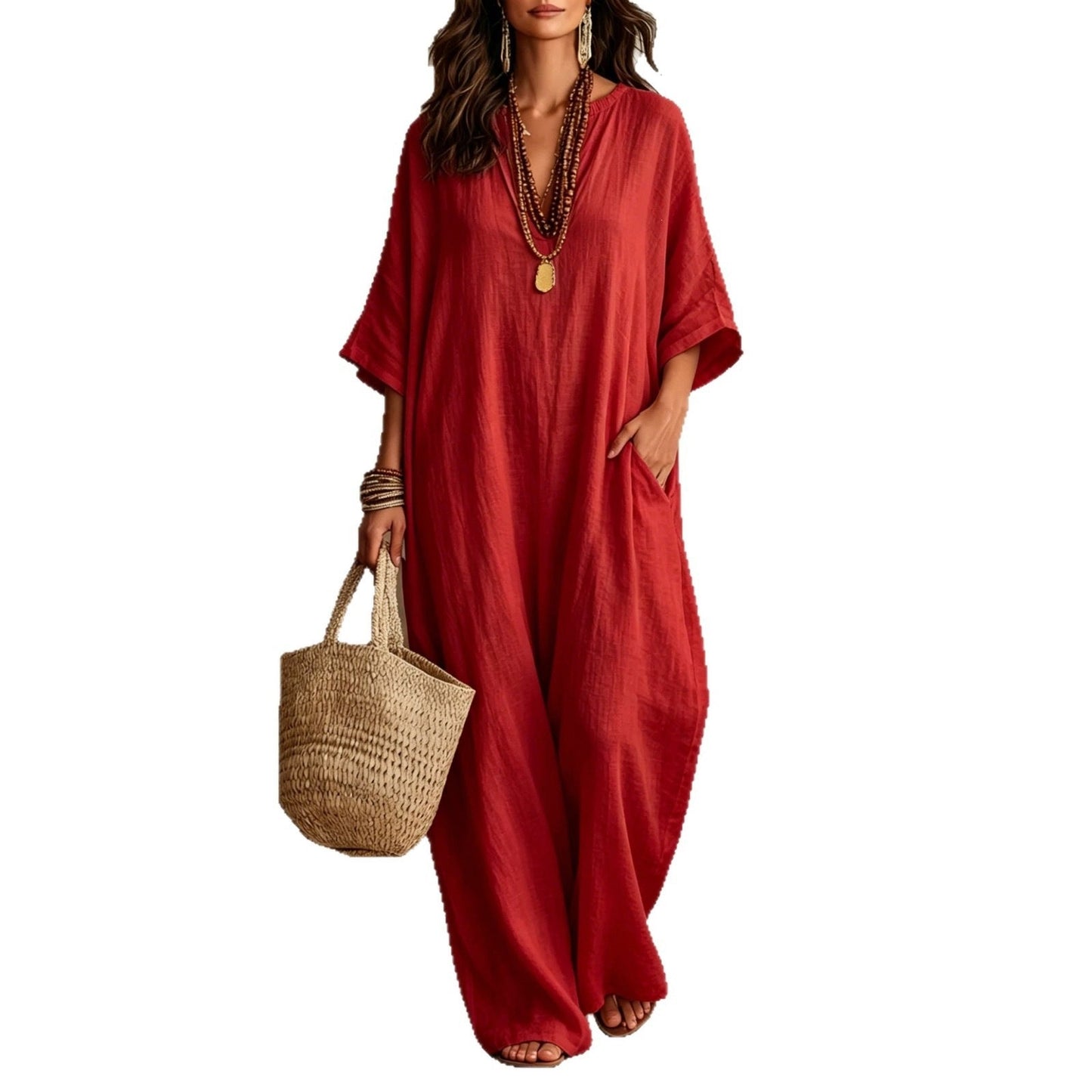 V‑Neck Half‑Sleeve Linen Blend Loose Maxi Kaftan Dress With Pockets
